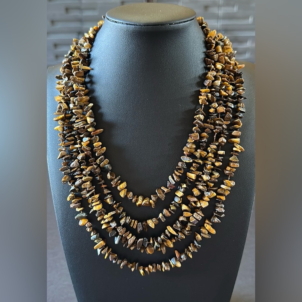 Five Strand Polished Tiger Eye Chip Necklace